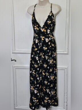 SHEIN Black/Yellow Multi Floral Ruffle Wideleg Spaghetti Strap Jumpsuit, 0XL